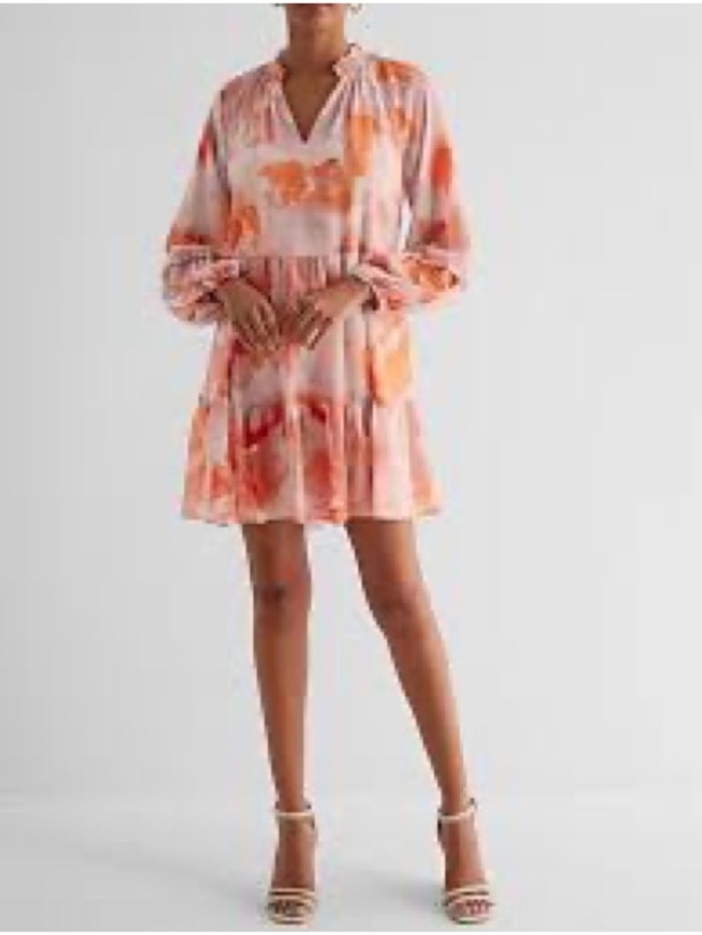 Express Watercolor Floral V-Neck Mini Dress - Pink & Orange